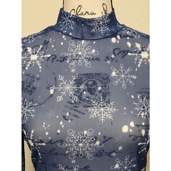 ❄️ Snowflake Print ️Long Sleeve Mock Neck Navy Blue Sheer Mesh Top SIZE L NEW - Picture 7 of 11